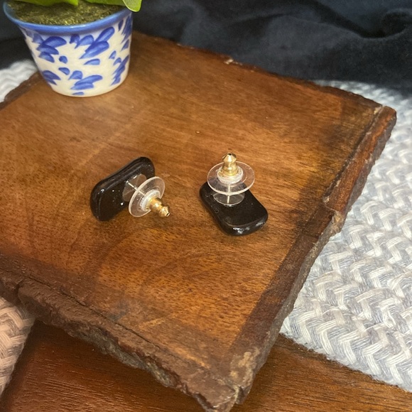 Dichroic Fused Glass Earrings Double Rainbow on Black Small Rectangle Posts - Picture 3 of 7